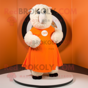 Orange Merino Sheep mascot costume character dressed with a Circle Skirt and Gloves