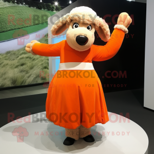 Orange Merino Sheep mascot costume character dressed with a Circle Skirt and Gloves