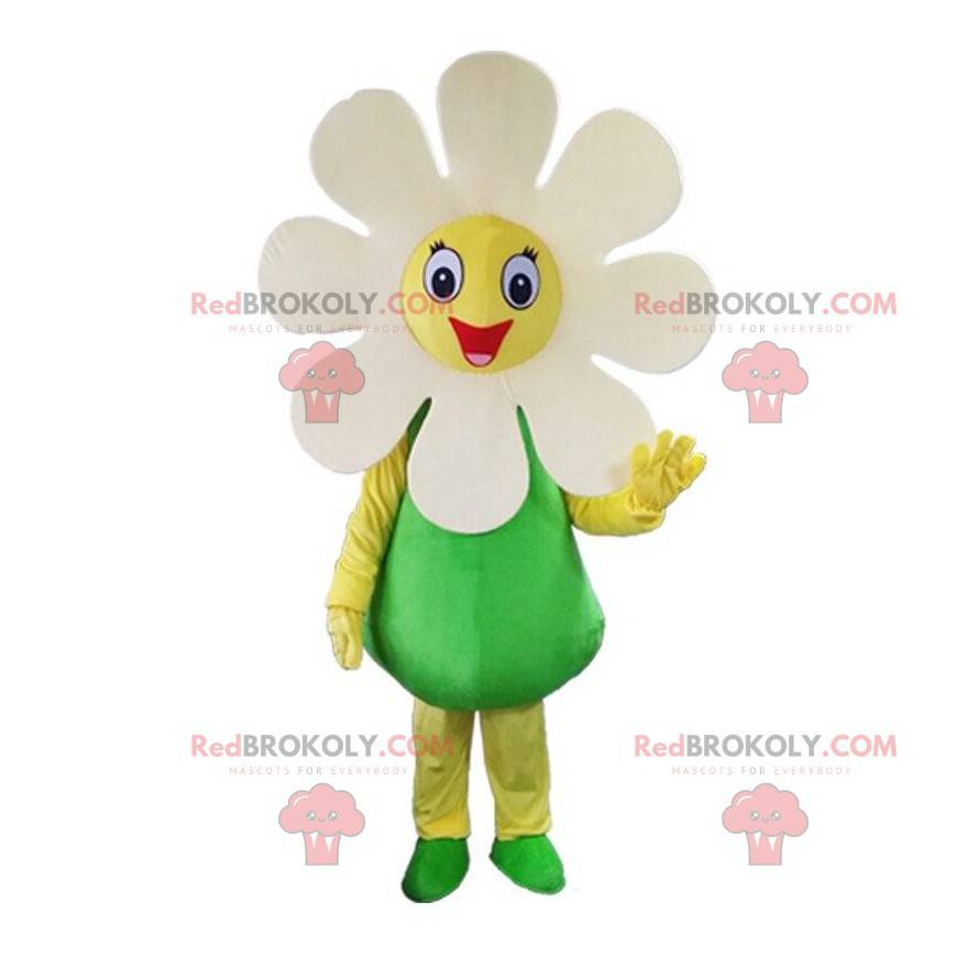 Giant white flower mascot, smiling daisy costume -