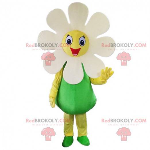Giant white flower mascot, smiling daisy costume -