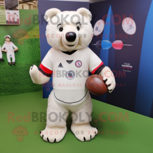 White Sloth Bear mascot costume character dressed with a Rugby Shirt and Keychains