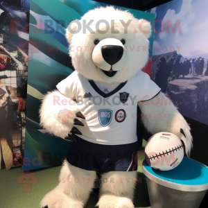 White Sloth Bear mascot costume character dressed with a Rugby Shirt and Keychains