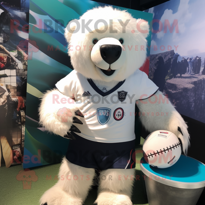 White Sloth Bear mascot costume character dressed with a Rugby Shirt and Keychains White Sloth Bear mascot costume character dressed with a Rugby Shirt and Keychains