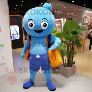 Blue Apricot mascot costume character dressed with a Tank Top and Messenger bags
