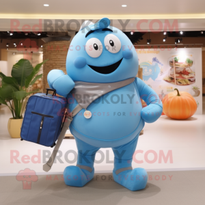 Blue Apricot mascot costume character dressed with a Tank Top and Messenger bags