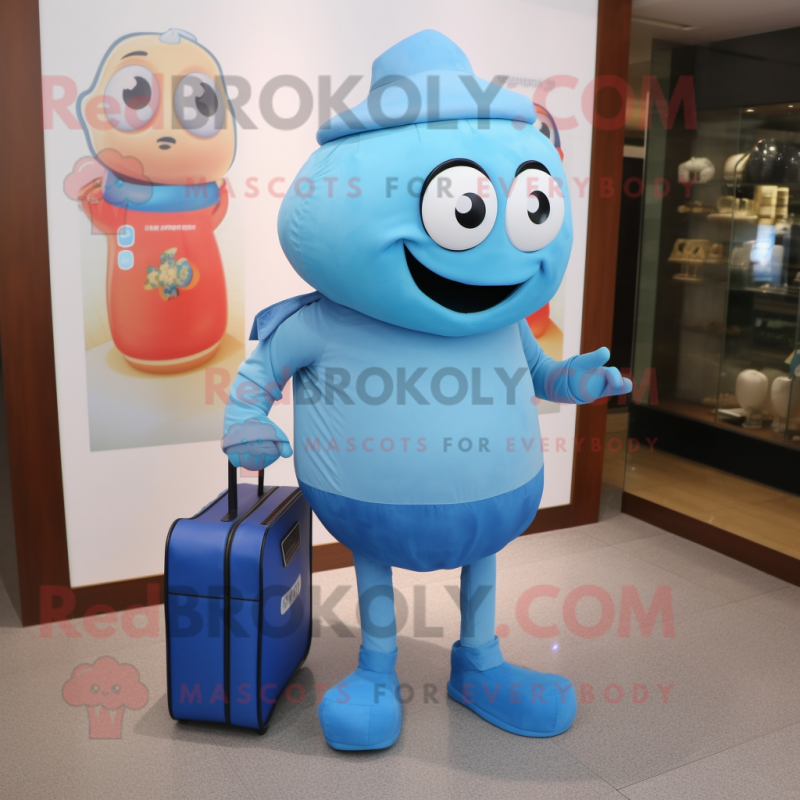 Blue Apricot mascot costume character dressed with a Tank Top and Messenger bags Blue Apricot mascot costume character dressed with a Tank Top and Messenger bags