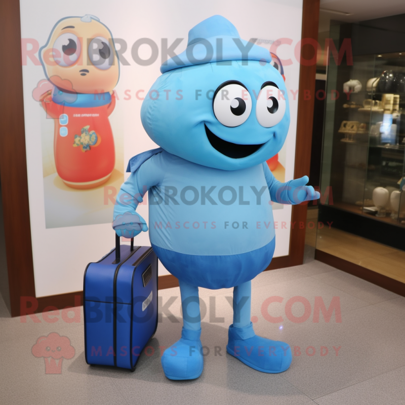 Blue Apricot mascot costume character dressed with a Tank Top and Messenger bags