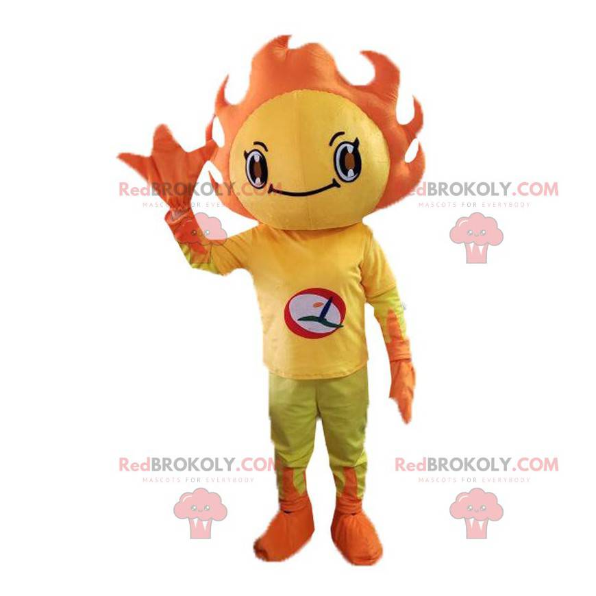 Mascotte de soleil jaune et orange. Costume printanier, fleuri