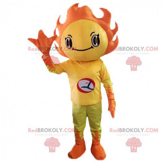 Mascote do sol amarelo e laranja. Traje de primavera florido -