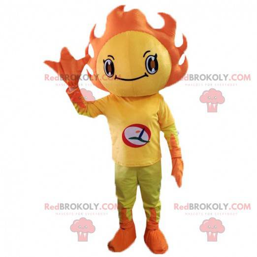 Yellow and orange sun mascot. Spring costume, flowery -