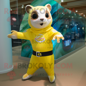 Lemon Yellow Flying Squirrel mascot costume character dressed with a Rash Guard and Bracelet watches