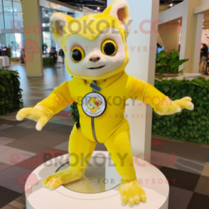 Lemon Yellow Flying Squirrel mascot costume character dressed with a Rash Guard and Bracelet watches