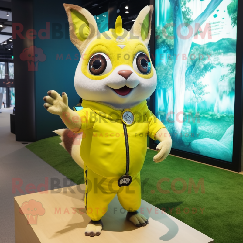 Lemon Yellow Flying Squirrel mascot costume character dressed with a Rash Guard and Bracelet watches