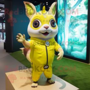 Lemon Yellow Flying Squirrel mascot costume character dressed with a Rash Guard and Bracelet watches