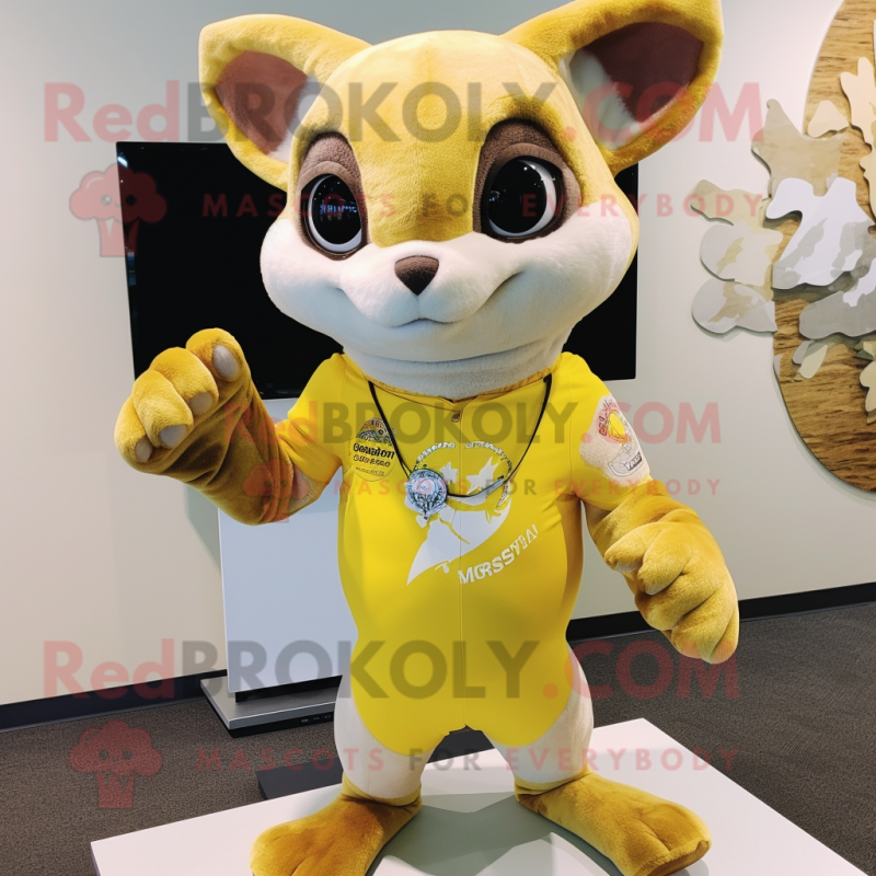 Lemon Yellow Flying Squirrel mascot costume character dressed with a Rash Guard and Bracelet watches