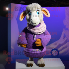 Lavender Ram mascot costume character dressed with a Sweater and Shawl pins