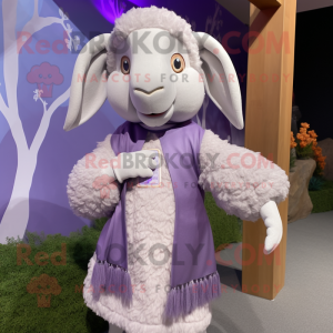 Lavender Ram mascot costume character dressed with a Sweater and Shawl pins