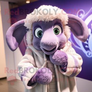 Lavender Ram mascot costume character dressed with a Sweater and Shawl pins