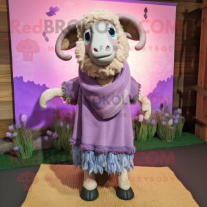 Lavender Ram mascot costume character dressed with a Sweater and Shawl pins