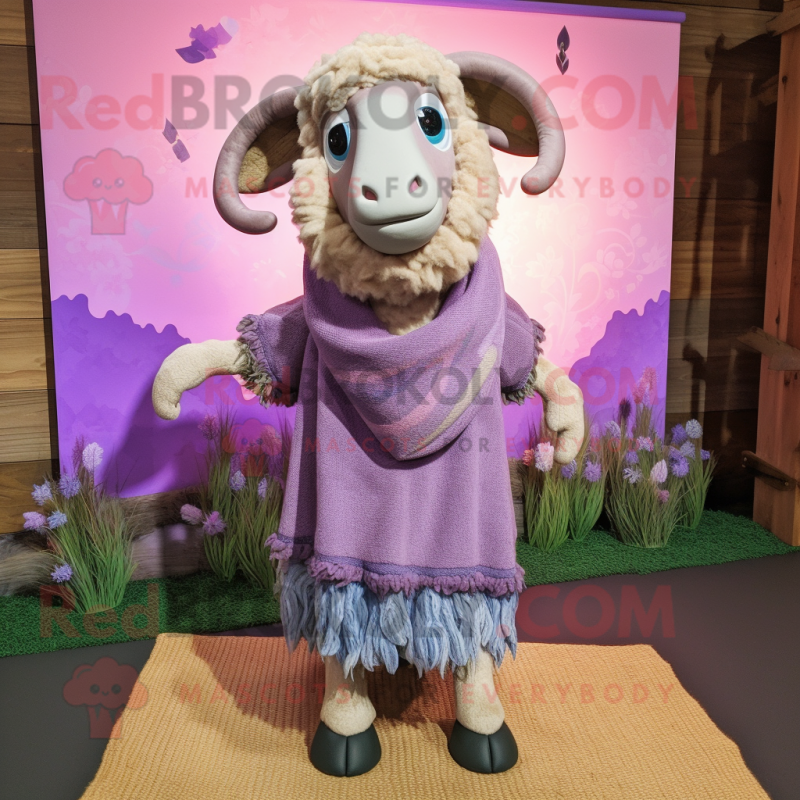 Lavender Ram mascot costume character dressed with a Sweater and Shawl pins Lavender Ram mascot costume character dressed with a Sweater and Shawl pins