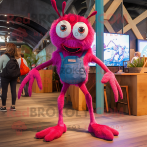 Magenta Spider mascot costume character dressed with a Denim Shorts and Anklets