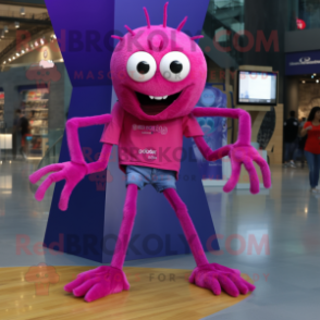 Magenta Spider mascot costume character dressed with a Denim Shorts and Anklets