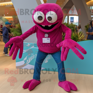 Magenta Spider mascot costume character dressed with a Denim Shorts and Anklets