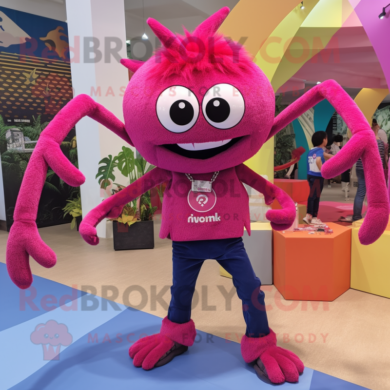 Magenta Spider mascot costume character dressed with a Denim Shorts and Anklets