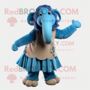 Blue Mammoth mascot costume character dressed with a Wrap Skirt and Belts