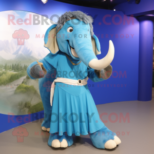 Blue Mammoth mascot costume character dressed with a Wrap Skirt and Belts