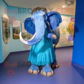 Blue Mammoth mascot costume character dressed with a Wrap Skirt and Belts