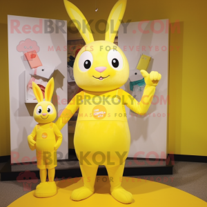 Lemon Yellow Rabbit mascot costume character dressed with a Tank Top and Coin purses