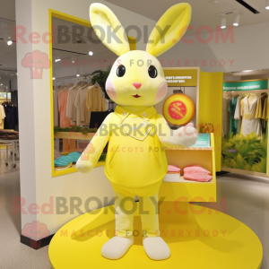 Lemon Yellow Rabbit mascot costume character dressed with a Tank Top and Coin purses