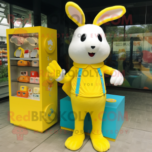 Lemon Yellow Rabbit mascot costume character dressed with a Tank Top and Coin purses