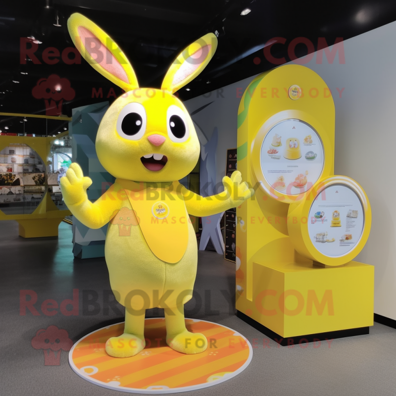 Lemon Yellow Rabbit mascot costume character dressed with a Tank Top and Coin purses Lemon Yellow Rabbit mascot costume character dressed with a Tank Top and Coin purses