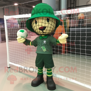 Forest Green Volleyball Net mascot costume character dressed with a T-Shirt and Berets