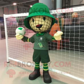 Forest Green Volleyball Net mascot costume character dressed with a T-Shirt and Berets