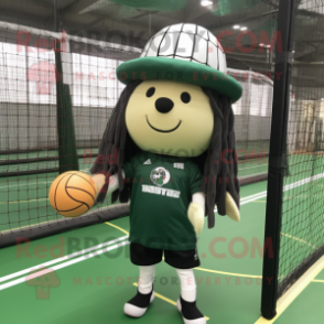 Forest Green Volleyball Net mascot costume character dressed with a T-Shirt and Berets