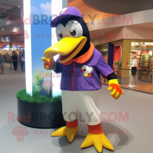 Lavender Toucan mascot costume character dressed with a Baseball Tee and Shoe laces