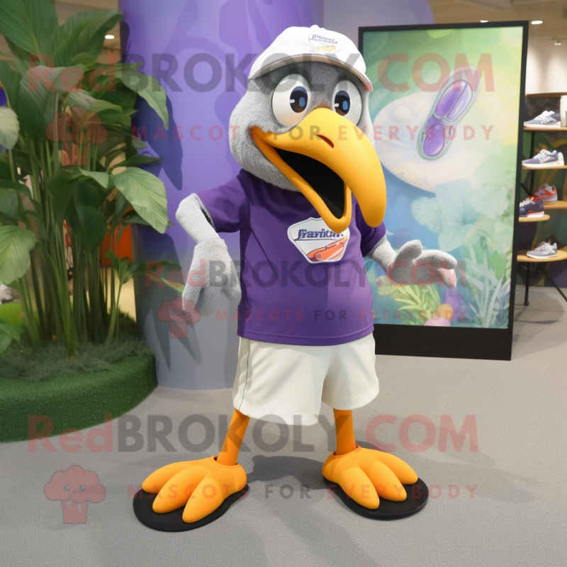 Lavender Toucan mascot costume character dressed with a Baseball Tee and Shoe laces Lavender Toucan mascot costume character dressed with a Baseball Tee and Shoe laces