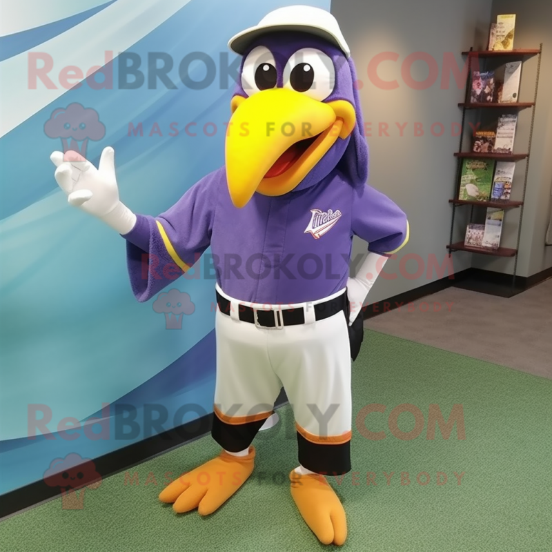 Lavender Toucan mascot costume character dressed with a Baseball Tee and Shoe laces Lavender Toucan mascot costume character dressed with a Baseball Tee and Shoe laces