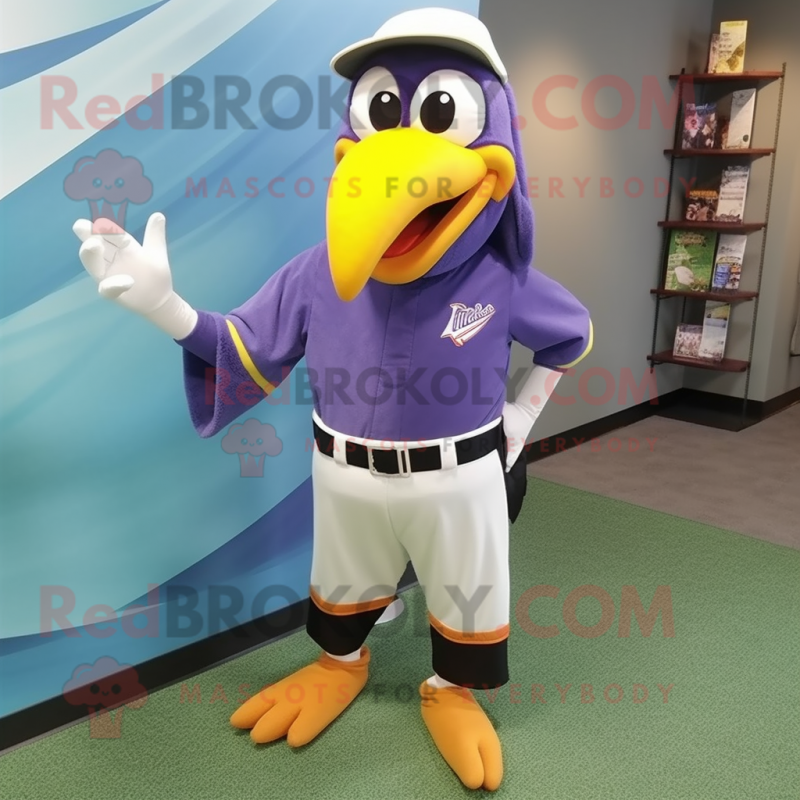 Lavender Toucan mascot costume character dressed with a Baseball Tee and Shoe laces