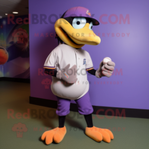 Lavender Toucan mascot costume character dressed with a Baseball Tee and Shoe laces