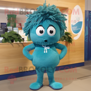 Teal Spinach mascot costume character dressed with a Swimwear and Hair clips