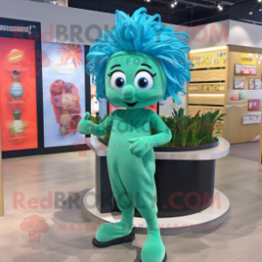 Teal Spinach mascot costume character dressed with a Swimwear and Hair clips