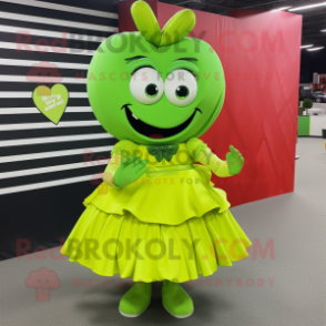 Lime Green Heart mascot costume character dressed with a Pleated Skirt and Belts