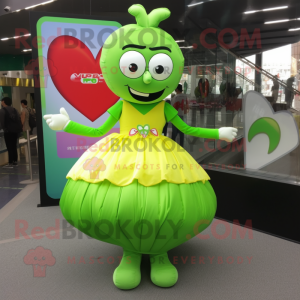 Lime Green Heart mascot costume character dressed with a Pleated Skirt and Belts