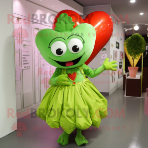 Lime Green Heart mascot costume character dressed with a Pleated Skirt and Belts