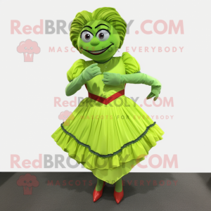 Lime Green Heart mascot costume character dressed with a Pleated Skirt and Belts