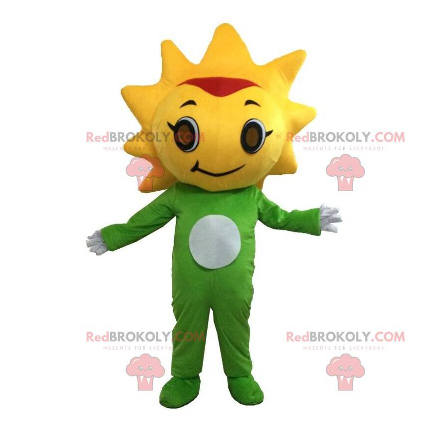 Mascote de flores verdes e amarelas com a cabeça em forma de